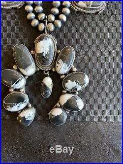 Navajo Sterling Silver White Buffalo Turquoise Squash Blossom Necklace. Marked