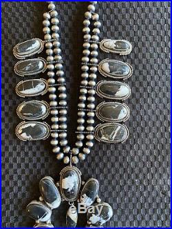 Navajo Sterling Silver White Buffalo Turquoise Squash Blossom Necklace. Marked