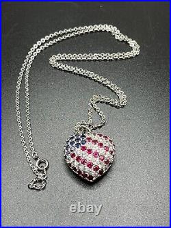 Necklace Diamond/VVS1 Heart USA Flag Women's Pendant in Sterling Silver Marked