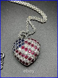 Necklace Diamond/VVS1 Heart USA Flag Women's Pendant in Sterling Silver Marked