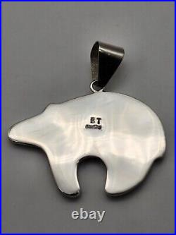 New Native American Style Sterling Silver Inlaid Bear Pendant Artist Marked Bt