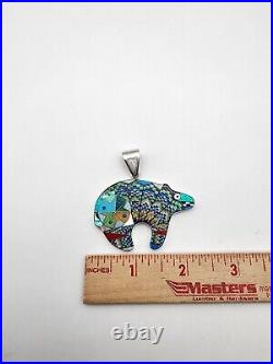 New Native American Style Sterling Silver Inlaid Bear Pendant Artist Marked Bt