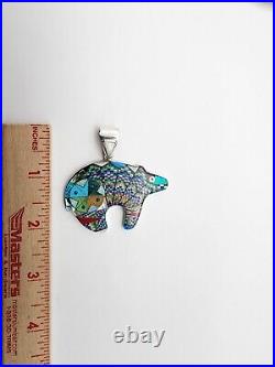 New Native American Style Sterling Silver Inlaid Bear Pendant Artist Marked Bt