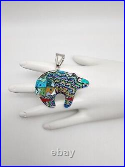 New Native American Style Sterling Silver Inlaid Bear Pendant Artist Marked Bt