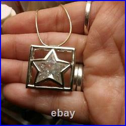 New Sterling Silver CZ Large Star Inside Square Marked 925, New Chain Marked 925