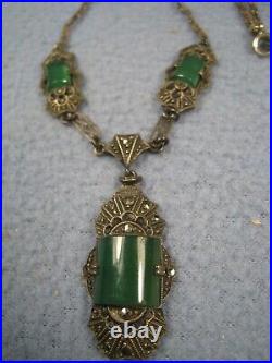 Nice Vintage Art Deco Style German Necklace with Green stones Marked Sterling