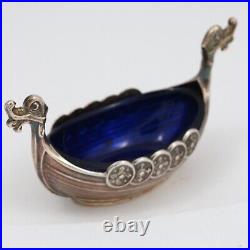 Norway Sterling Silver Salt Cellar Ship Marked Blue Glass Theodor Olsen Designer