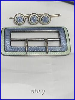 Old ART NOUVEAU STERLING SILVER GUILLOCHE ENAMEL BELT BUCKLE with 3 BUTTONS Marked