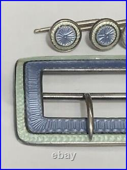 Old ART NOUVEAU STERLING SILVER GUILLOCHE ENAMEL BELT BUCKLE with 3 BUTTONS Marked