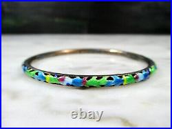 Old Antique Chinese Pierced Sterling Silver Enameled Bangle Bracelet Marked