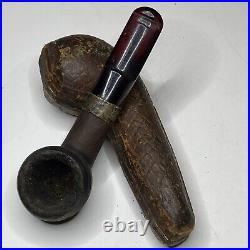 Old Estate Tobacco Pipe Marked Sterling Silver Band Leather Case