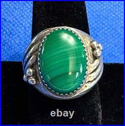 Old First American Traders Logo Marked Sterling Silver & Malachite Ring Sz 10