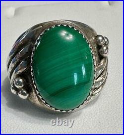 Old First American Traders Logo Marked Sterling Silver & Malachite Ring Sz 10