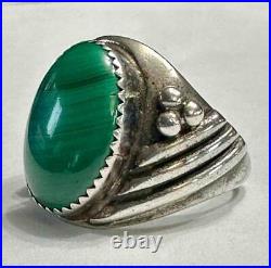 Old First American Traders Logo Marked Sterling Silver & Malachite Ring Sz 10