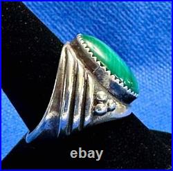 Old First American Traders Logo Marked Sterling Silver & Malachite Ring Sz 10