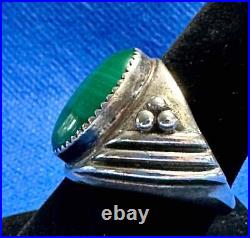 Old First American Traders Logo Marked Sterling Silver & Malachite Ring Sz 10