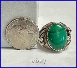 Old First American Traders Logo Marked Sterling Silver & Malachite Ring Sz 10