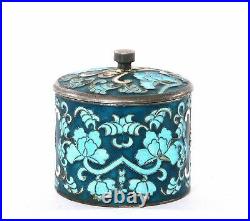 Old Korean Sterling Silver Enamel Salt Cellar Box Bowl Calligraphy Flower Marked