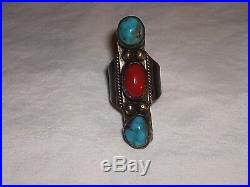 Old Pawn Navajo Sterling Silver Turquoise and Coral Ring Size 5 Marked G