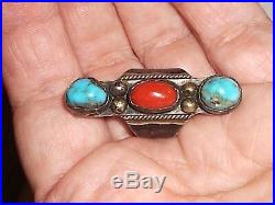 Old Pawn Navajo Sterling Silver Turquoise and Coral Ring Size 5 Marked G