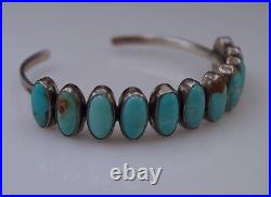 Old Pawn Navajo Turquoise Sterling Silver Cuff Row Bracelet 11 Stones Marked