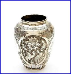 Old Persian Sterling Silver Repousse Flower & Bird Vase Marked 145 Gram