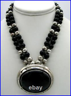 Onyx 925 Sterling Silver Ball Bead Etched Double Strand Pendant Necklace 16