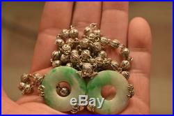 Ornate Antique Marked Chinese Sterling Silver Jade Jadeite Bi Disc Necklace