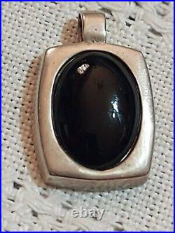 Pendant Necklace Sterling Silver Marked 925 Modernist Oval Black Jet Onyx Stone