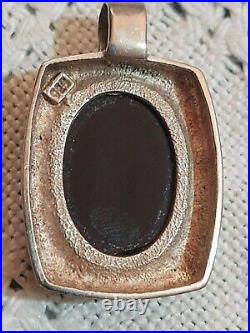 Pendant Necklace Sterling Silver Marked 925 Modernist Oval Black Jet Onyx Stone