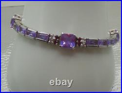 Purple Glass & Pink Topaz Sterling Silver Tennis Bracelet Marked R 7.5 Long