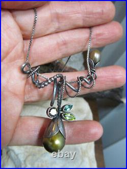 RAB Sterling Silver 925 Pearl Emerald Peridot Smoky Quartz Wire Pendant Necklace