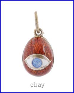 Russian 88 Gilt Sterling Silver Eye Red Guilloche Enamel Egg Pendant Marked