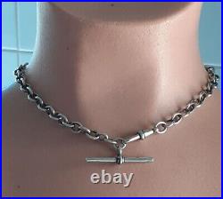 SILVER ALBERT CHAIN with T Bar and Dog Clip Links Lion Marked Sterling 27g 36cm