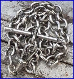 SILVER ALBERT CHAIN with T Bar and Dog Clip Links Lion Marked Sterling 27g 36cm