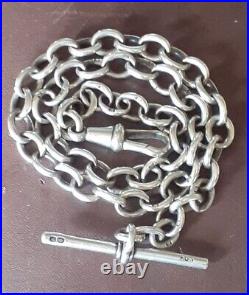 SILVER ALBERT CHAIN with T Bar and Dog Clip Links Lion Marked Sterling 27g 36cm