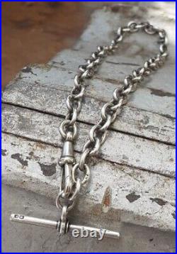 SILVER ALBERT CHAIN with T Bar and Dog Clip Links Lion Marked Sterling 27g 36cm