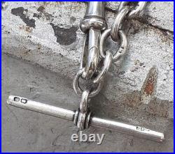 SILVER ALBERT CHAIN with T Bar and Dog Clip Links Lion Marked Sterling 27g 36cm