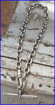 SILVER ALBERT CHAIN with T Bar and Dog Clip Links Lion Marked Sterling 27g 36cm