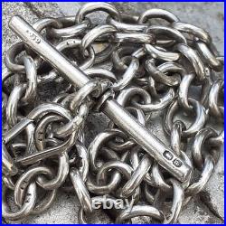 SILVER ALBERT CHAIN with T Bar and Dog Clip Links Lion Marked Sterling 27g 36cm