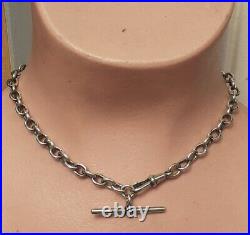 SILVER ALBERT CHAIN with T Bar and Dog Clip Links Lion Marked Sterling 27g 36cm