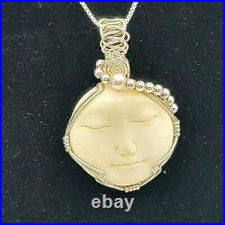 SLEEPING MOON FACE Wire Wrapped PENDANT withNecklace Sterling Marked 925 Italy