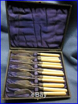 STERLING FISH SERVERS. KNIFE & FORK SET FOR 6. MARKED 1902 SHEFFIELD with CASE