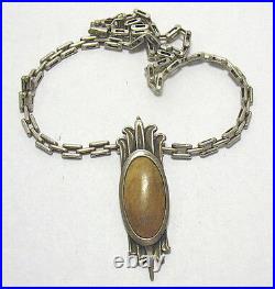 STERLING SILVER BROWN AGATE PENDANT ON CHAIN MARKED ITALY vintage 38.7 GRAMS