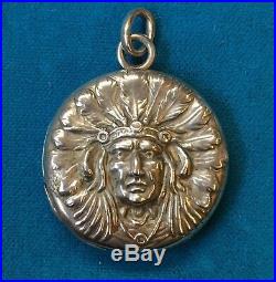 STERLING SILVER REPOUSSE LOCKET NATIVE AMERICAN INDIAN with HEADRESS MARKED