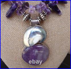 STUNNING! Amethyst & Sea Shell Sterling Silver Pendant Necklace Marked KH