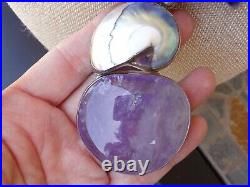 STUNNING! Amethyst & Sea Shell Sterling Silver Pendant Necklace Marked KH