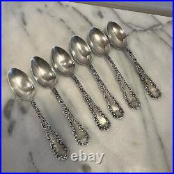 Set Of 6 Antique Sterling Silver Waverly Pattern Dessert Spoons JKM & V Marked