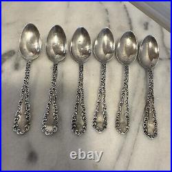 Set Of 6 Antique Sterling Silver Waverly Pattern Dessert Spoons JKM & V Marked