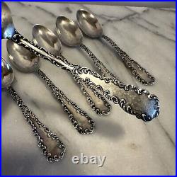 Set Of 6 Antique Sterling Silver Waverly Pattern Dessert Spoons JKM & V Marked